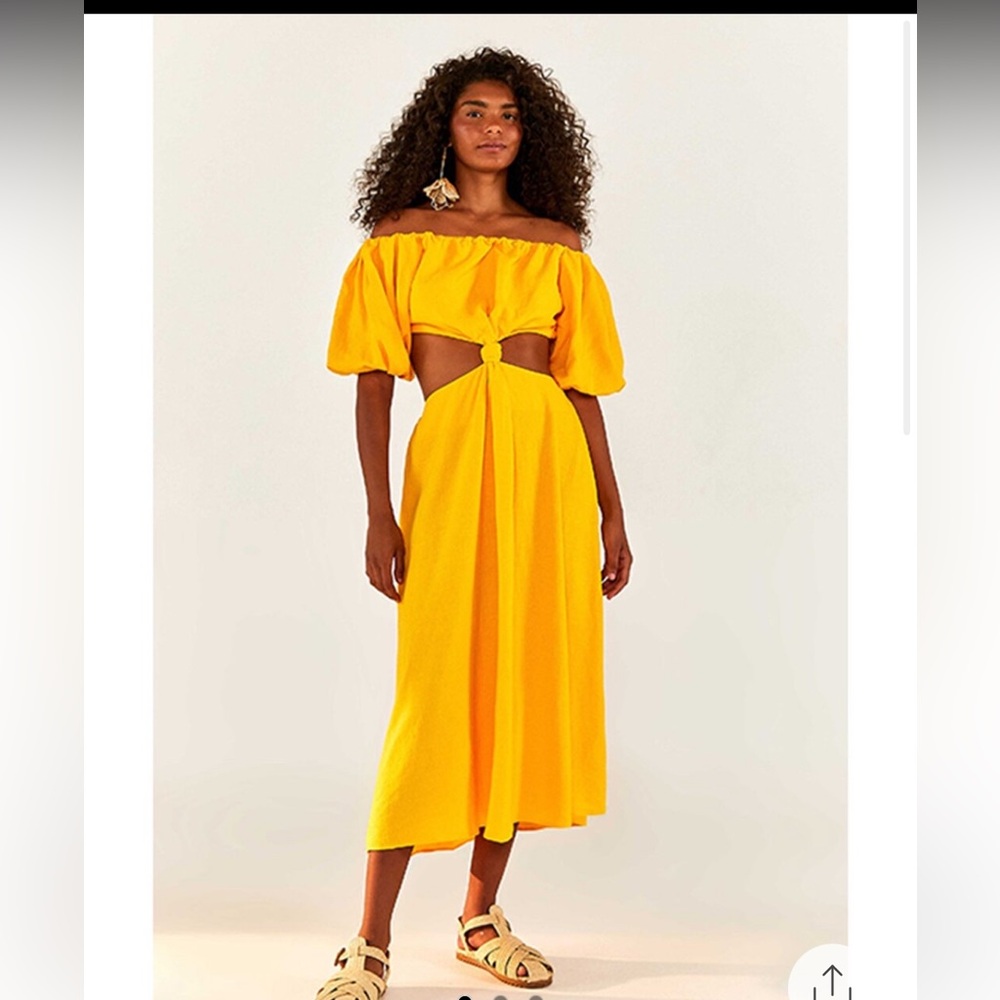 NWT FARM rio yellow off the shoulder midi dress